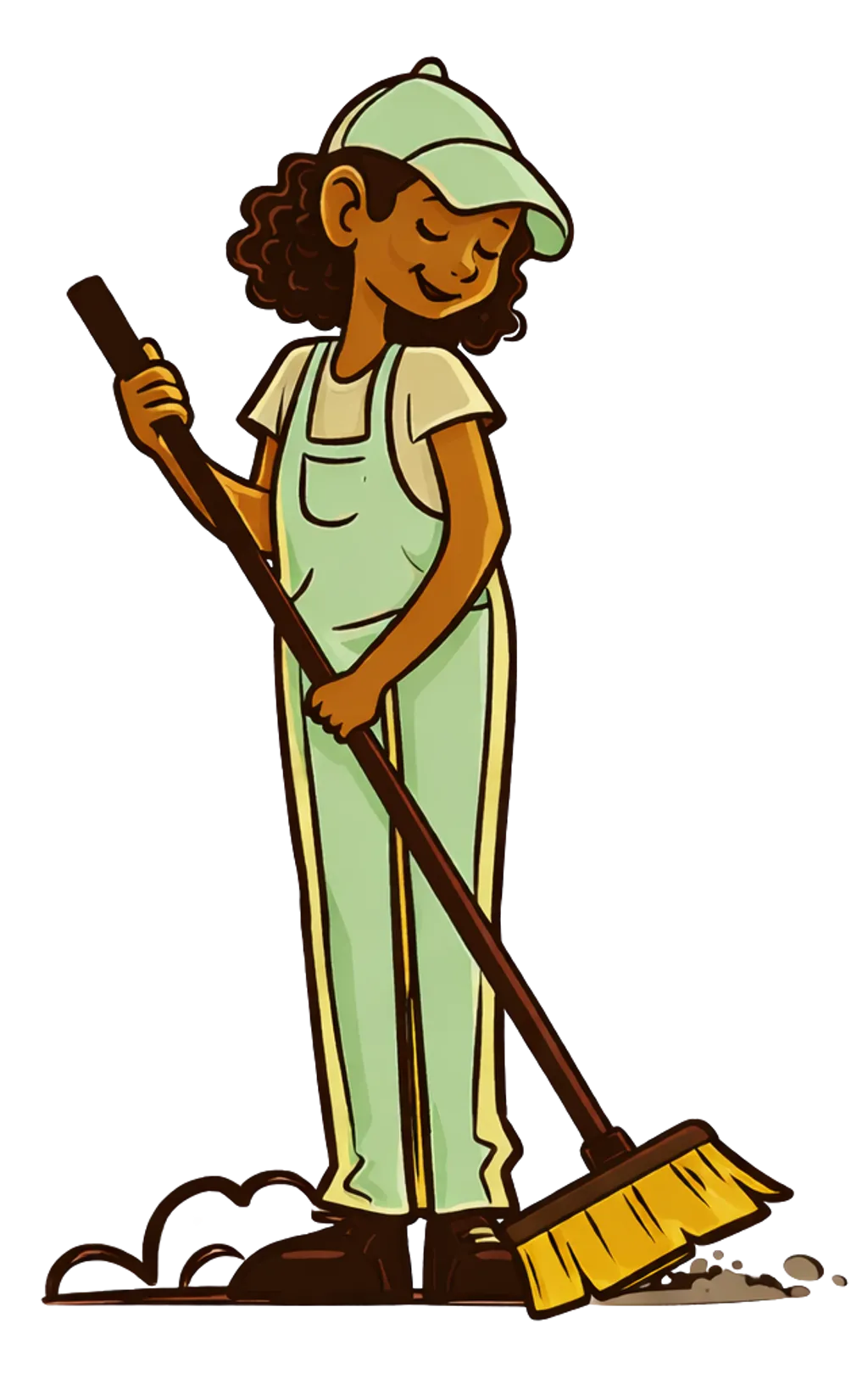Illustration of a cleaner in mint overalls and cap sweeping the floor with a broom